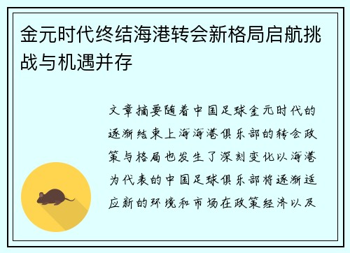 金元时代终结海港转会新格局启航挑战与机遇并存 金元时代终结海港转会新格局启航挑战与机遇并存